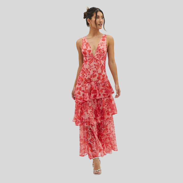 Elegantes Bedrucktes Maxikleid | V-Ausschnitt