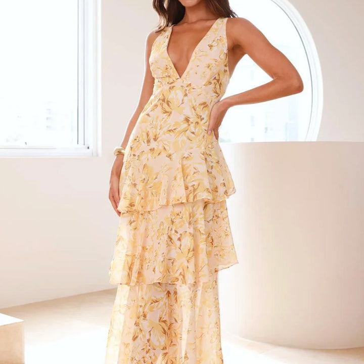 Elegantes Bedrucktes Maxikleid | V-Ausschnitt