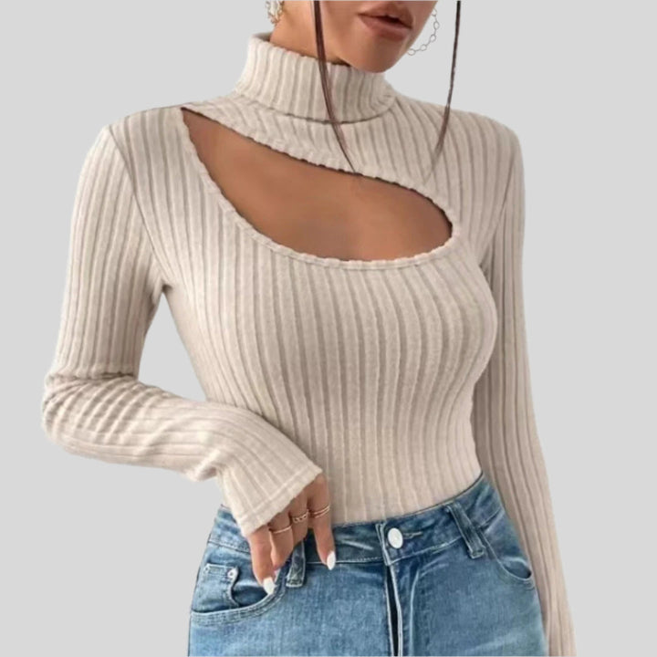 Gerippter Pullover Mit Aussparung | Rollkragen