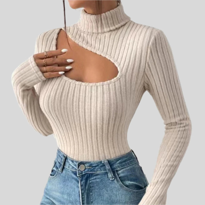 Gerippter Pullover Mit Aussparung | Rollkragen