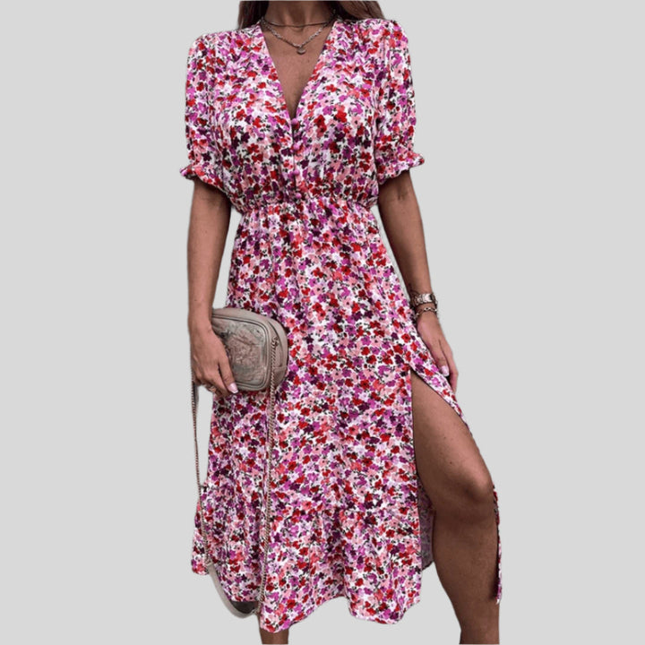 Elegantes Blumenkleid | V-Ausschnitt