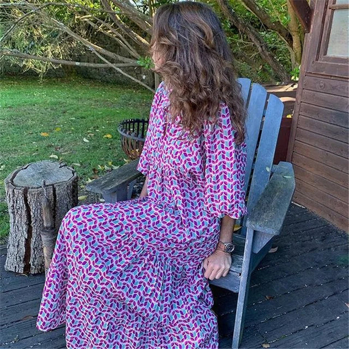 Boho Blumen Bedrucktes Maxikleid | Kurzärmlig