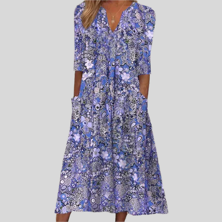 Ulrike | Damen Boho Blumenkleid Mit V Ausschnitt | Dreiviertelärmel