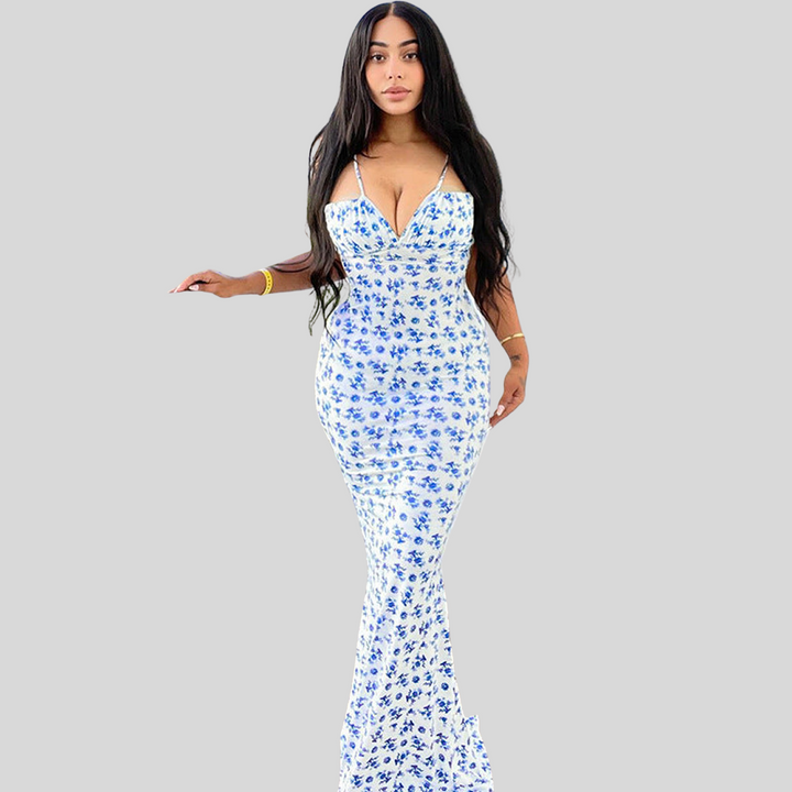 Langes Blumenkleid mit Trägern | Ärmellos
