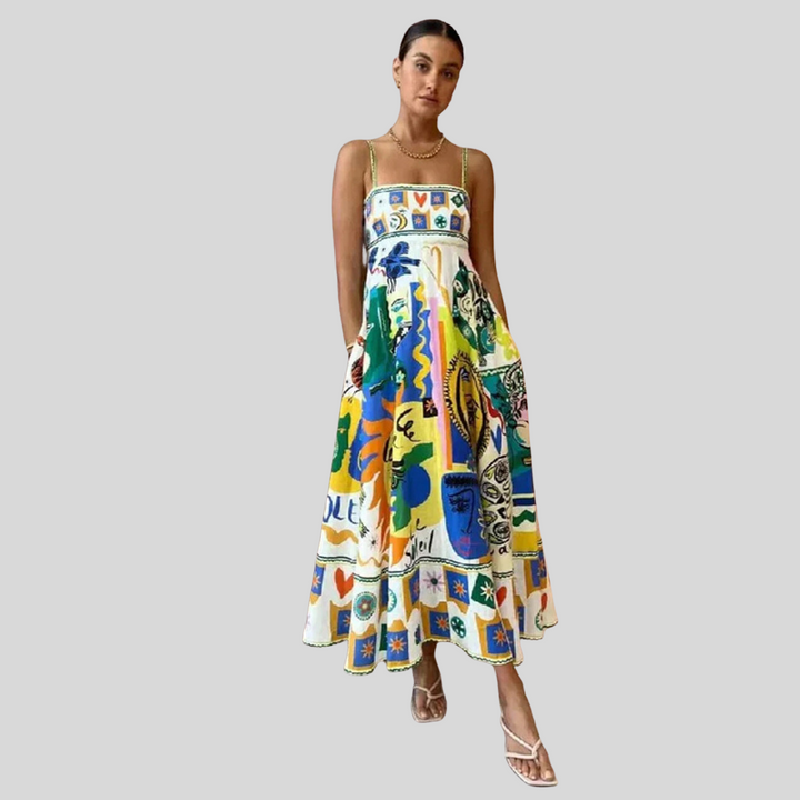 Bedrucktes Spaghetti-Träger-Sommerkleid | Maxi