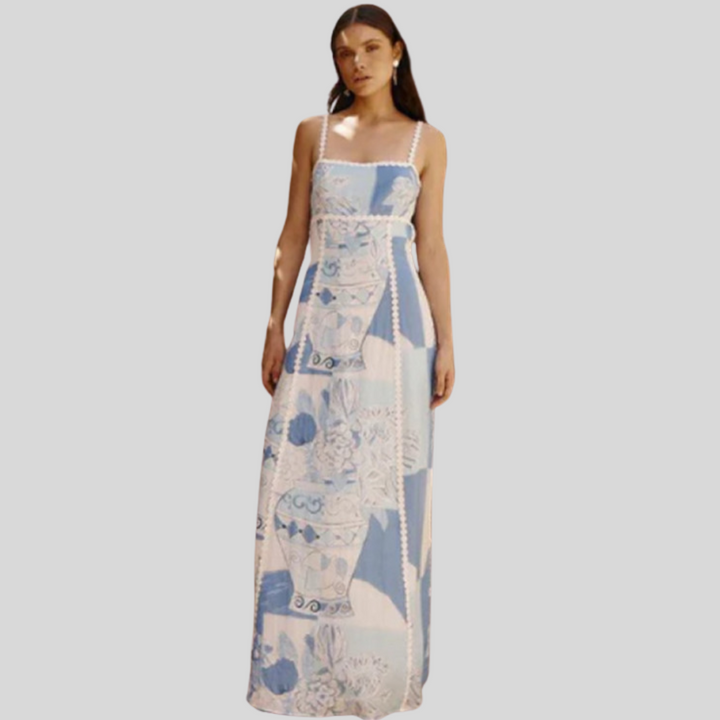 Patchwork-Kleid mit Quadratischem Ausschnitt | Maxi