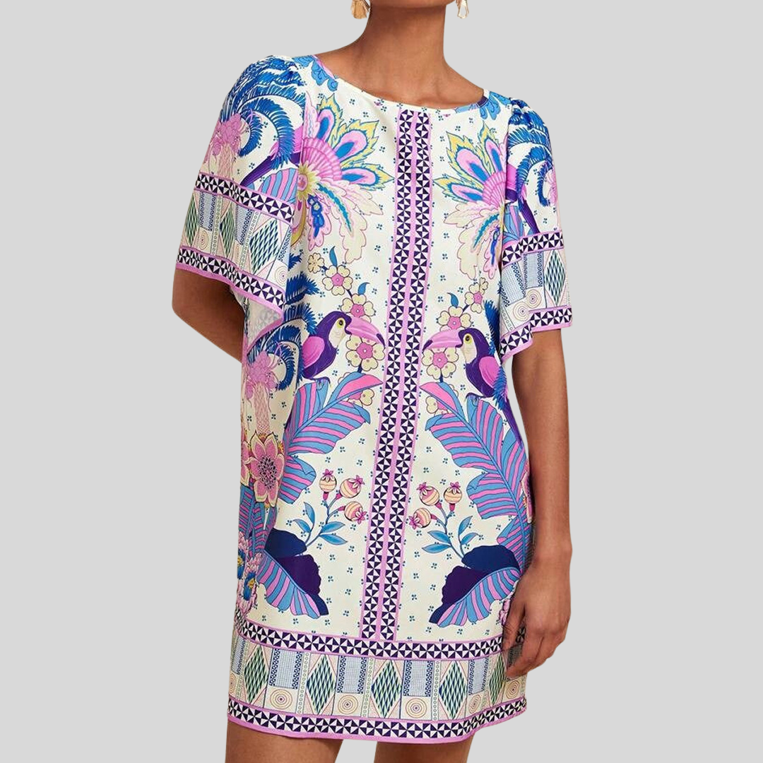 Kurzes Bedrucktes Kleid mit Rundhalsausschnitt | Mini