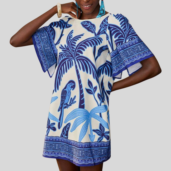 Kurzes Bedrucktes Kleid mit Rundhalsausschnitt | Mini