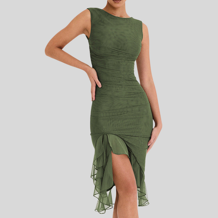 Knielanges Sommerkleid mit Gerüschtem Schlitz | Midi