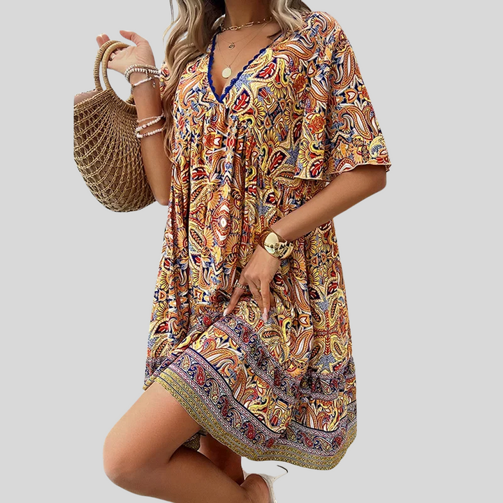 Damen Bedrucktes Midikleid mit V-Ausschnitt | Sommer