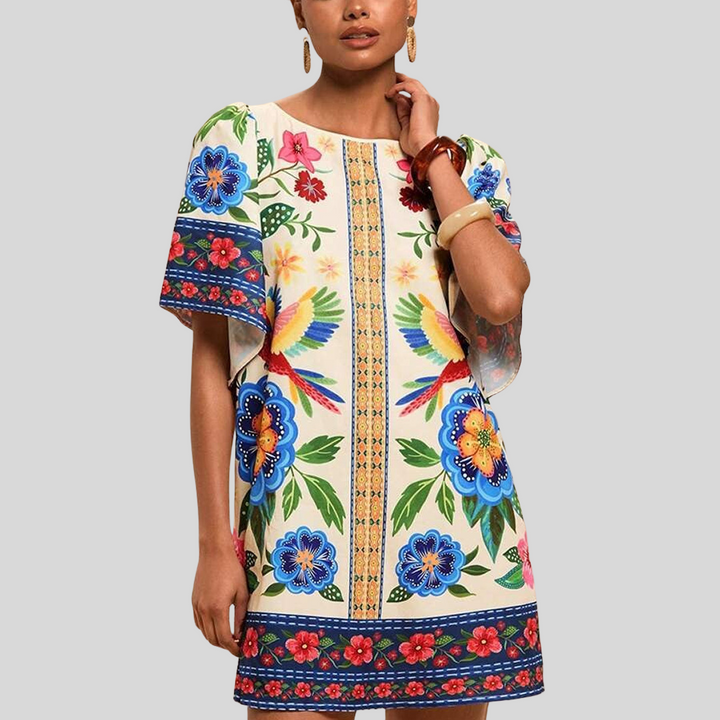 Kurzes Bedrucktes Kleid mit Rundhalsausschnitt | Mini