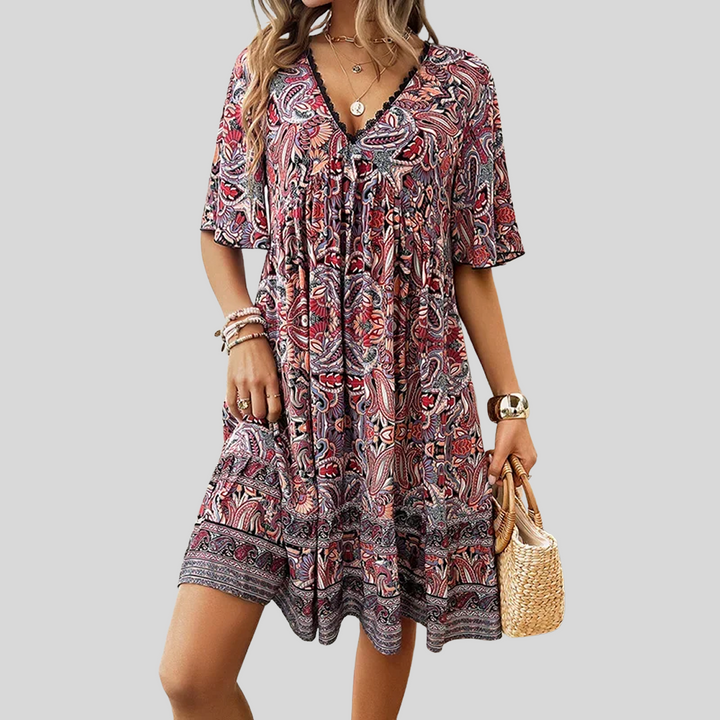 Damen Bedrucktes Midikleid mit V-Ausschnitt | Sommer