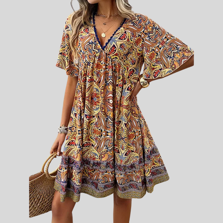 Damen Bedrucktes Midikleid mit V-Ausschnitt | Sommer