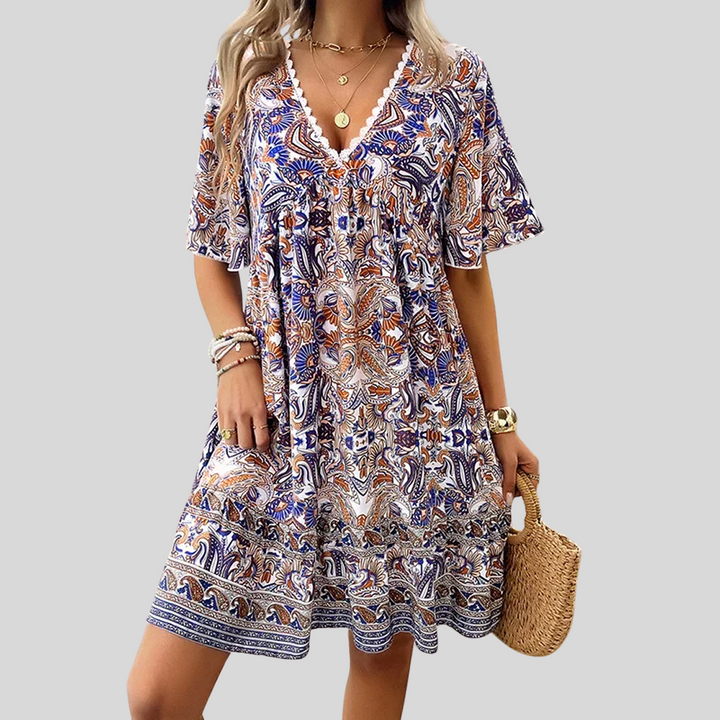 Damen Bedrucktes Midikleid mit V-Ausschnitt | Sommer