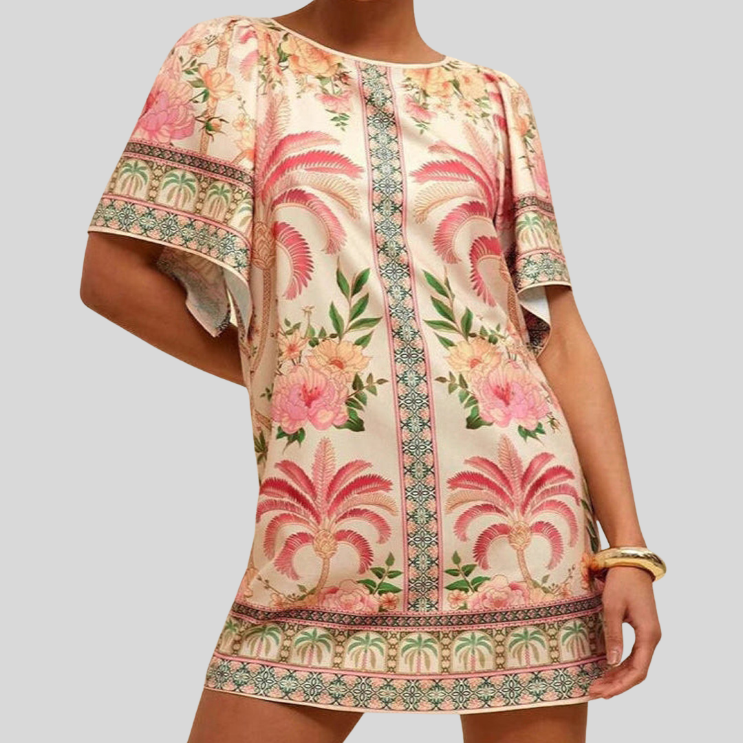 Kurzes Bedrucktes Kleid mit Rundhalsausschnitt | Mini