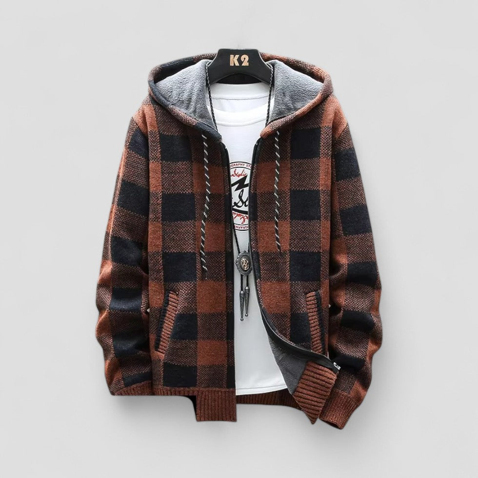 Herren Winter Karierte Strickjacke mit Kapuze und Fleecefutter