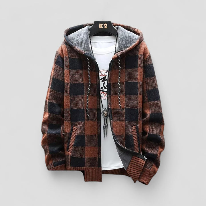 Herren Winter Karierte Strickjacke mit Kapuze und Fleecefutter