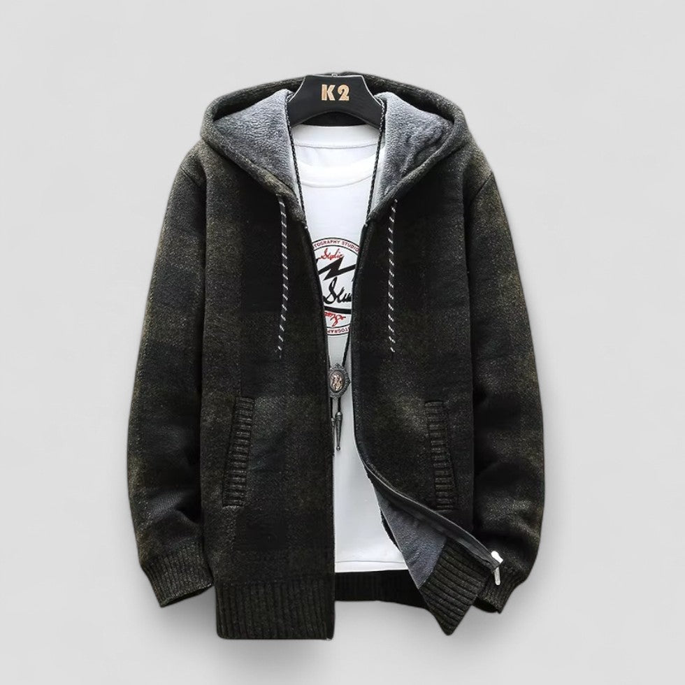 Herren Winter Karierte Strickjacke mit Kapuze und Fleecefutter