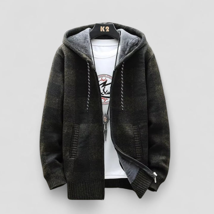 Herren Winter Karierte Strickjacke mit Kapuze und Fleecefutter