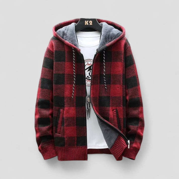 Herren Winter Karierte Strickjacke mit Kapuze und Fleecefutter