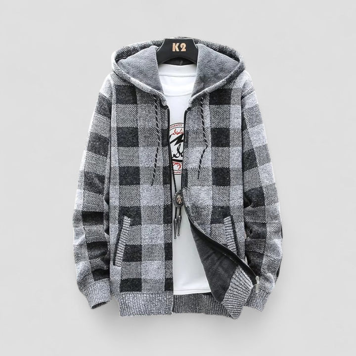 Herren Winter Karierte Strickjacke mit Kapuze und Fleecefutter