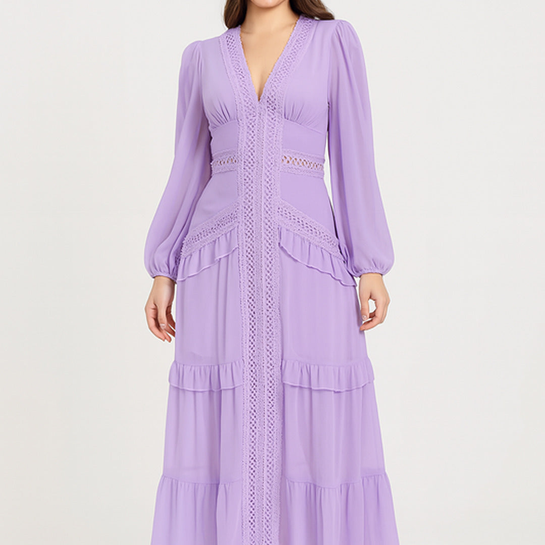 Elegantes Maxikleid mit Rüschen | V-Ausschnitt