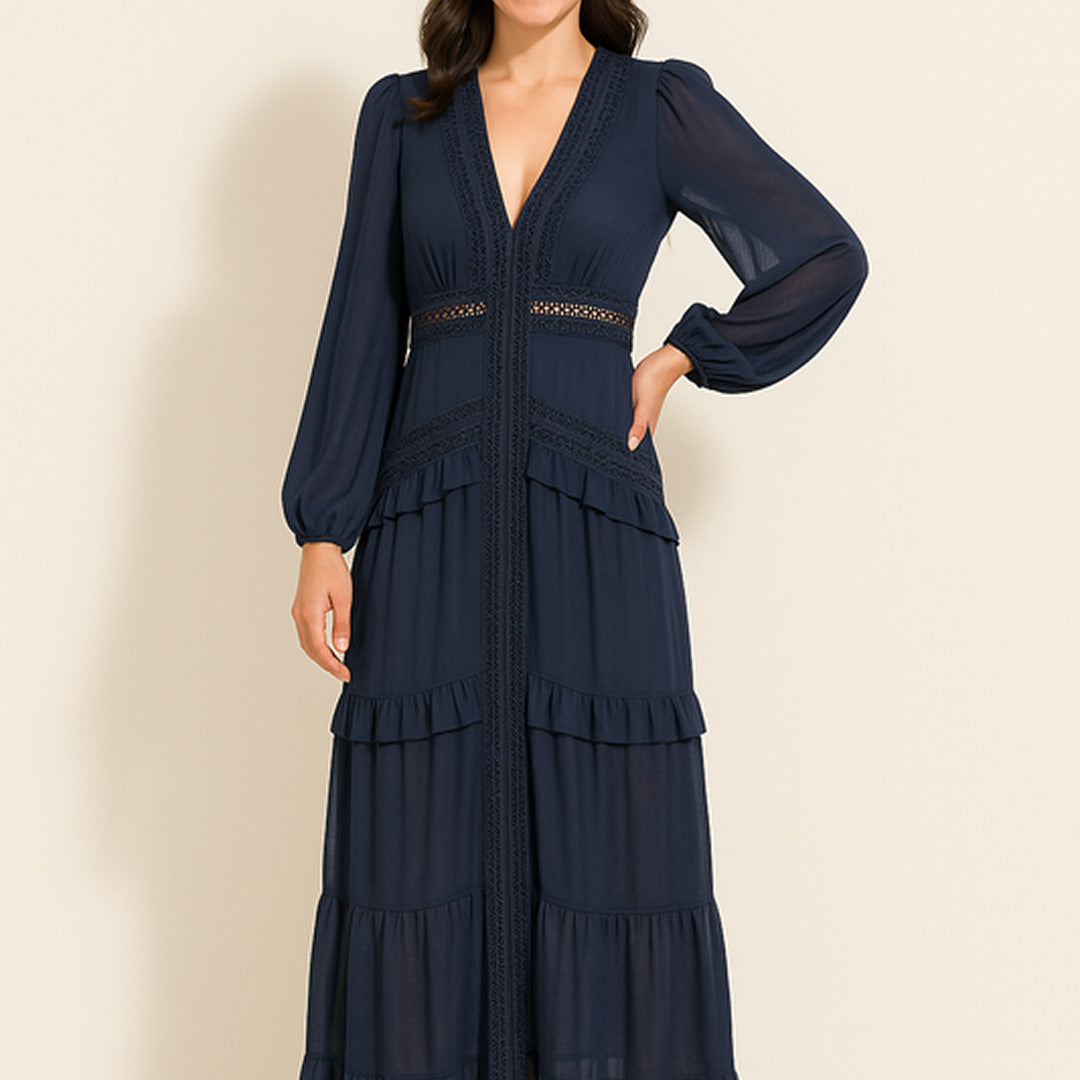 Elegantes Maxikleid mit Rüschen | V-Ausschnitt