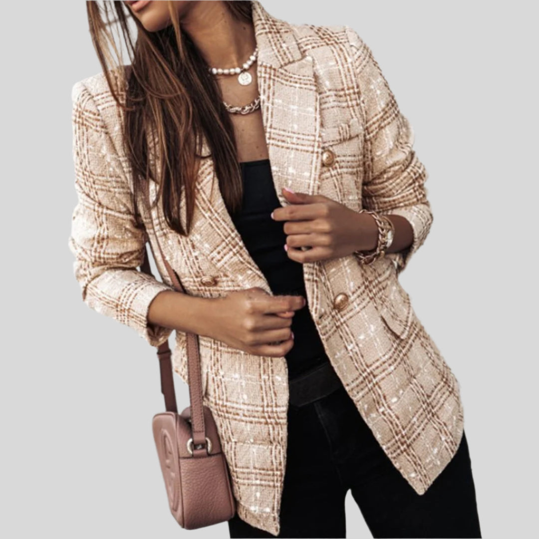 Damen Langärmliger Karierter Blazer | Geknöpft