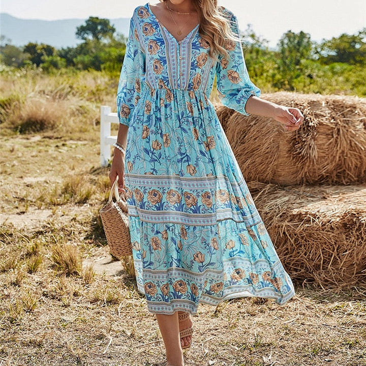 Lässiges Ibiza-Kleid mit Blumendruck | Midi