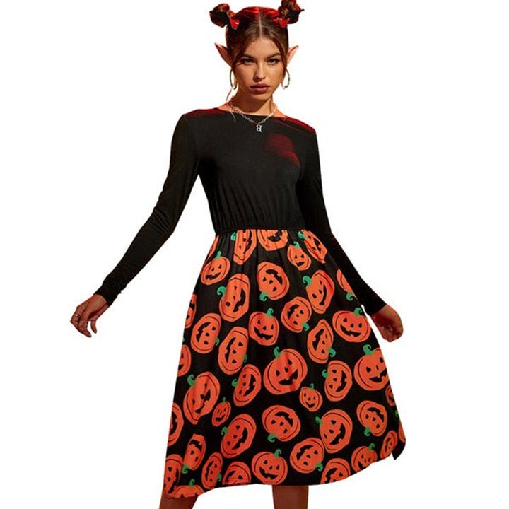 Gespenstisches Halloween Kostüm-Kleid mit Kürbisdruck | Midi