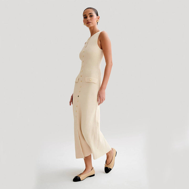 Ärmelloses Kleid mit Knopfleiste | Midi