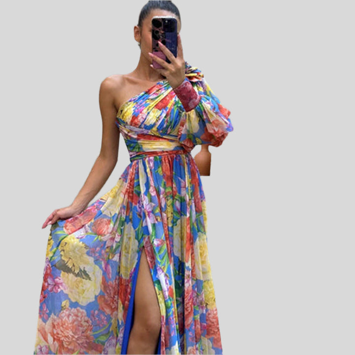 Hochzeitsgastkleid mit Hohem Schlitz und Blumenmuster | Maxi