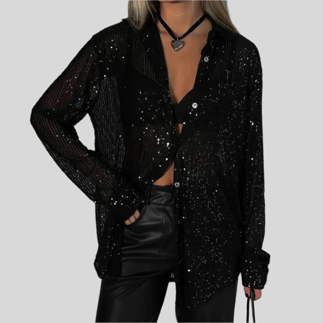 Bertha | Damen Stilvoll Pailletten Glitzertop | Langarm