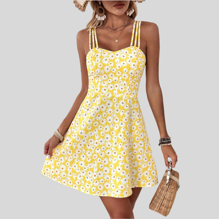 Kurzes Kleid mit Blumenmuster und mehrfachen Trägern | Ärmellos