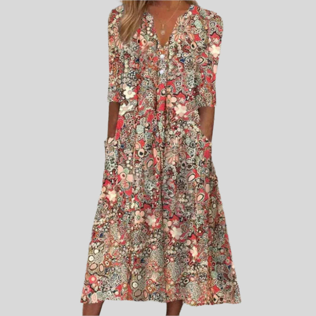 Ulrike | Damen Boho Blumenkleid Mit V Ausschnitt | Dreiviertelärmel