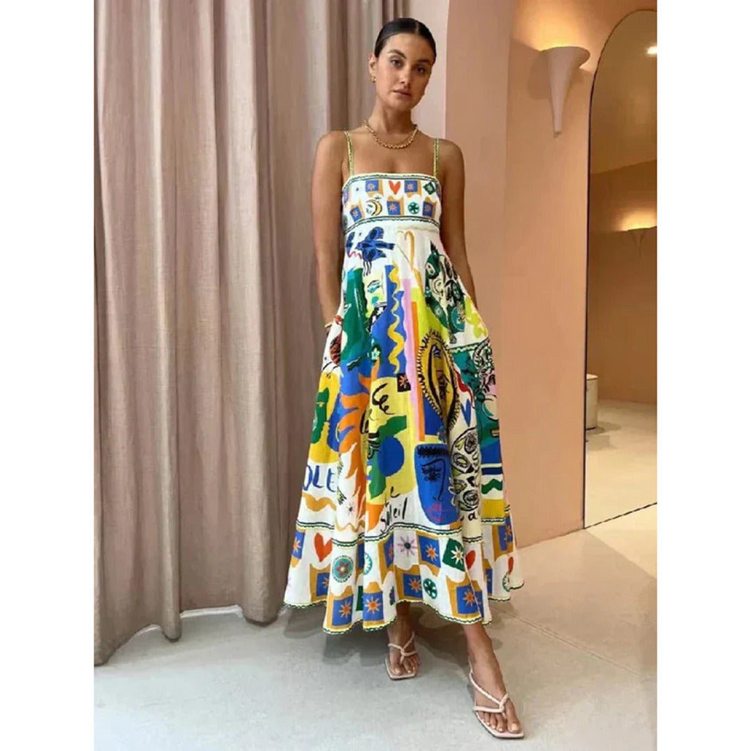 Bedrucktes Spaghetti-Träger-Sommerkleid | Maxi