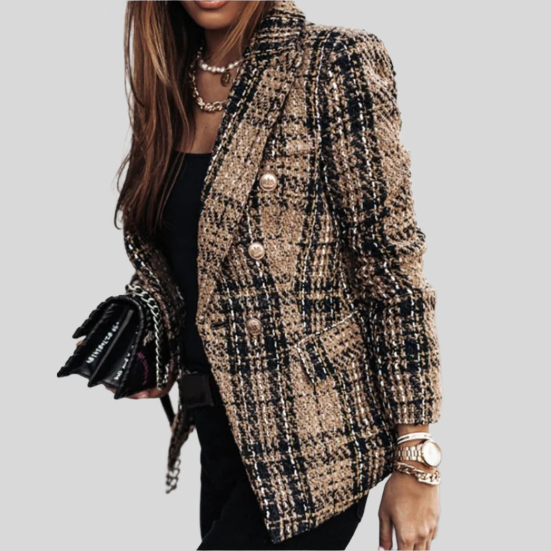 Damen Langärmliger Karierter Blazer | Geknöpft