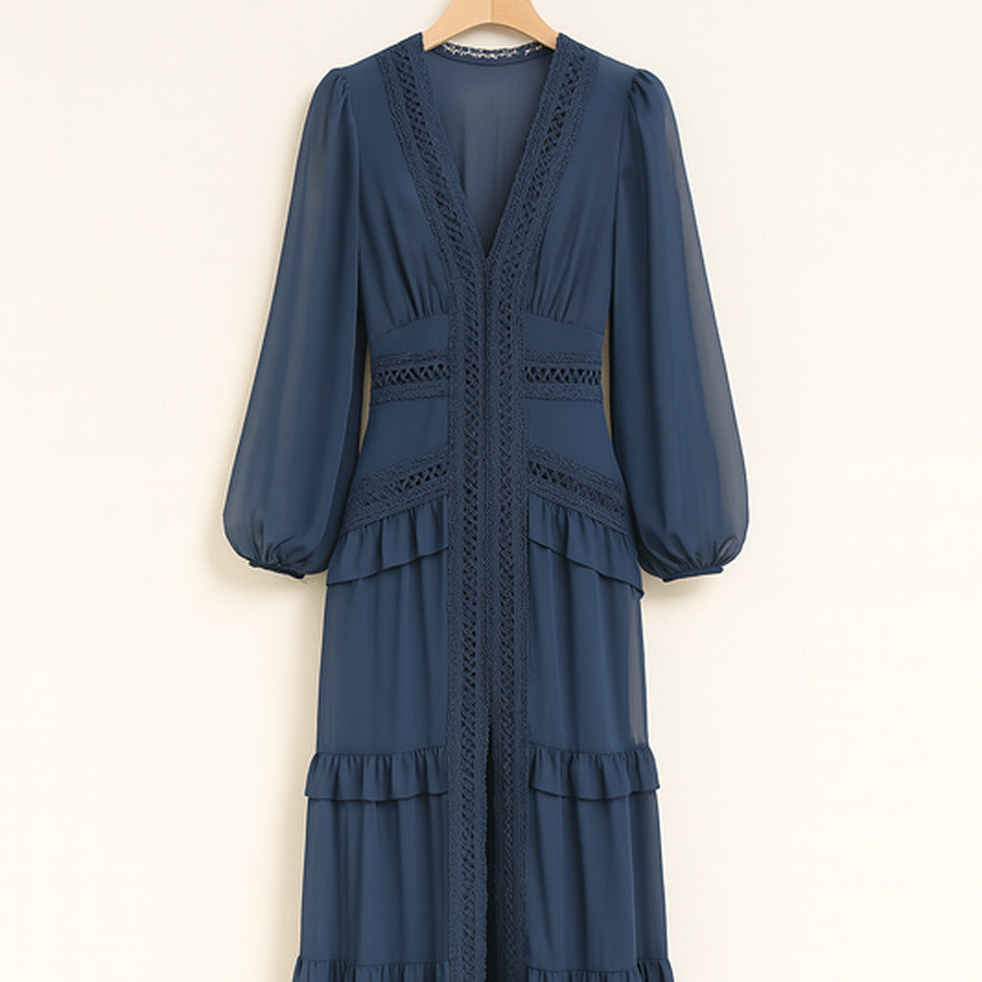 Elegantes Maxikleid mit Rüschen | V-Ausschnitt