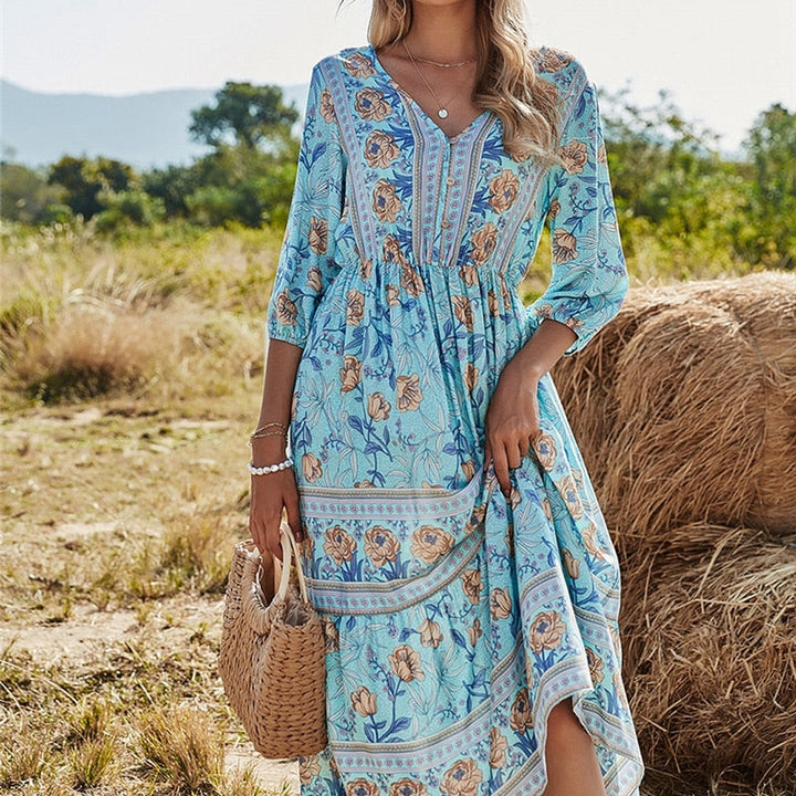 Lässiges Ibiza-Kleid mit Blumendruck | Midi
