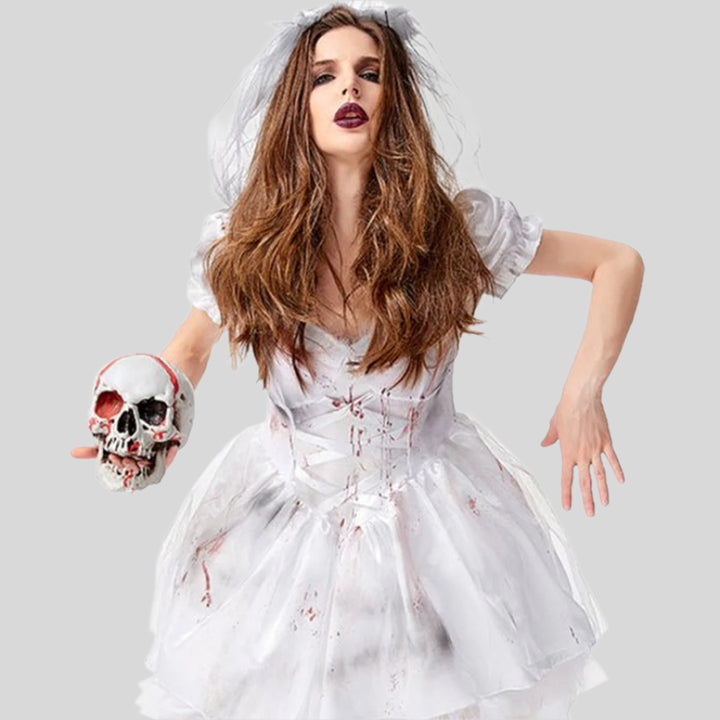 Vampirbraut Halloween Kleid mit Blutflecken | Mini