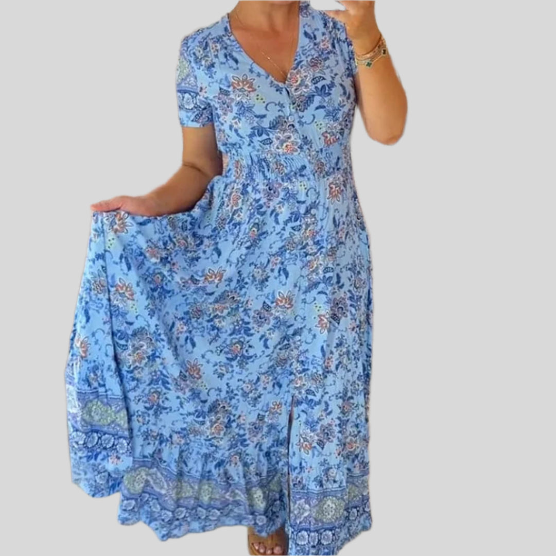 Ausgestelltes Ibiza-Kleid mit Blumenmuster | Maxi
