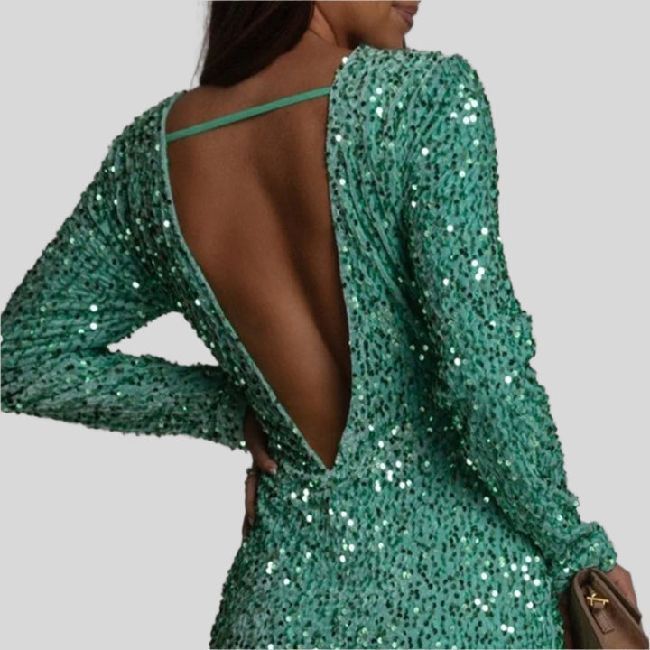 Ernestine | Damen Schickes Rückenfreies Glitzer Party Kleid | Mini