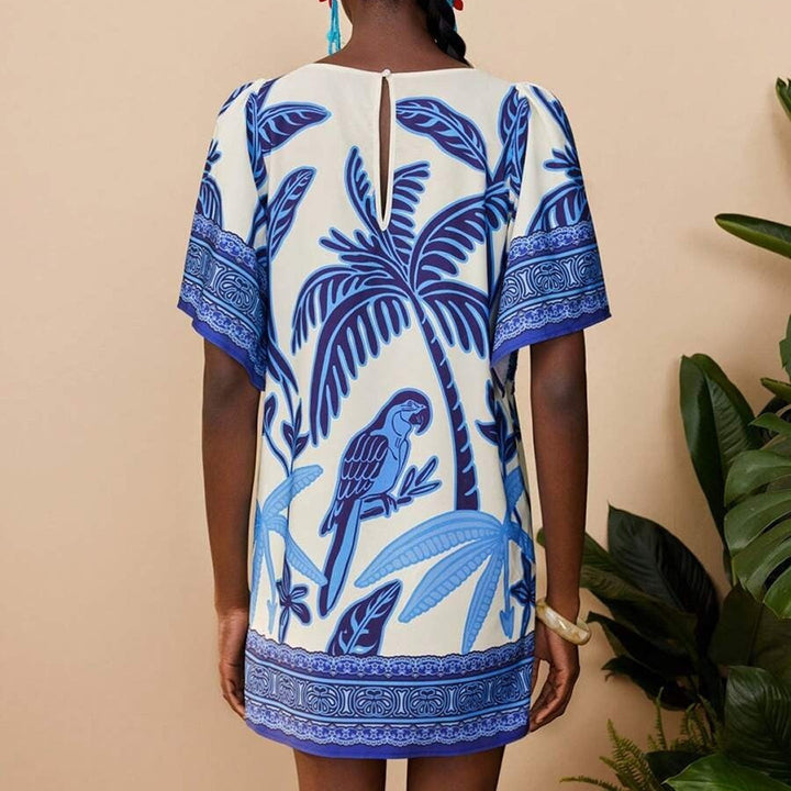 Kurzes Bedrucktes Kleid mit Rundhalsausschnitt | Mini