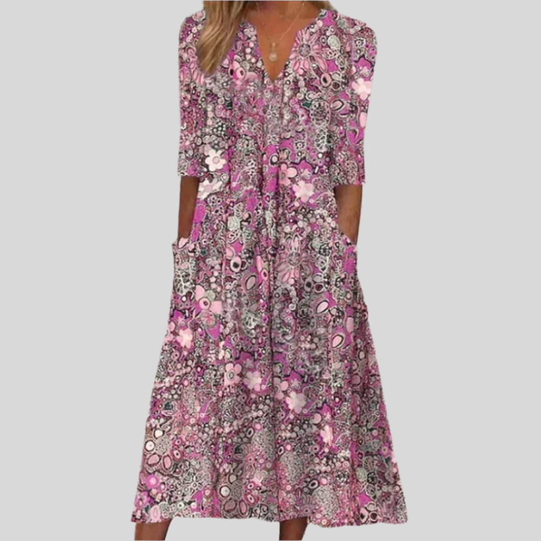 Ulrike | Damen Boho Blumenkleid Mit V Ausschnitt | Dreiviertelärmel