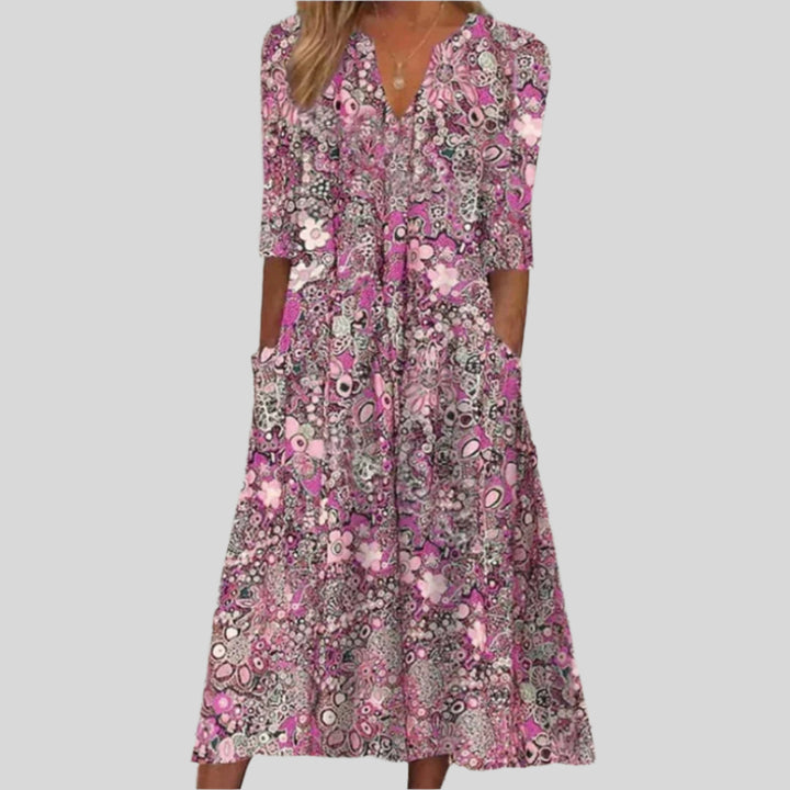 Ulrike | Damen Boho Blumenkleid Mit V Ausschnitt | Dreiviertelärmel