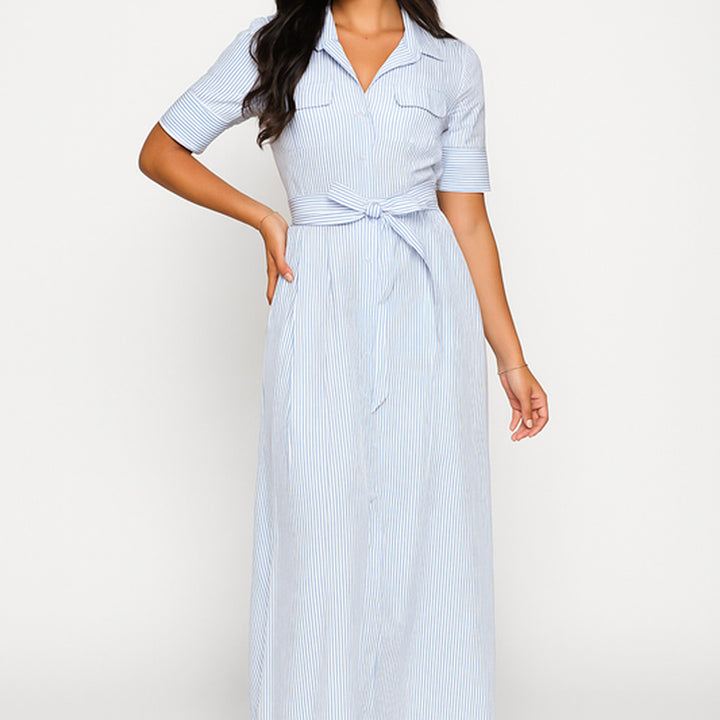 Gestreiftes Hemdkleid mit Taillengürtel | Midi