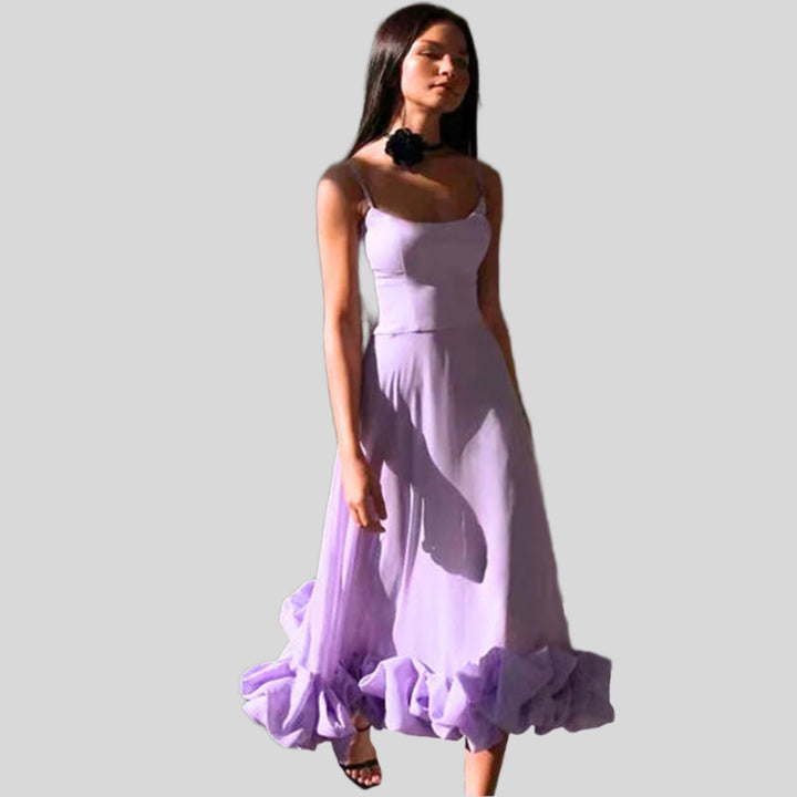 Partykleid mit Rüschen und Spaghettiträgern | Maxi