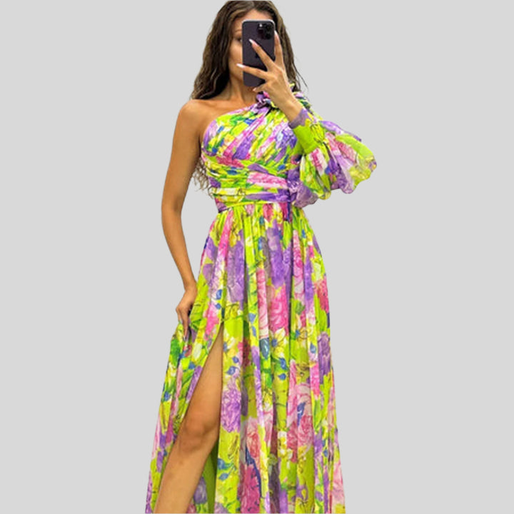 Hochzeitsgastkleid mit Hohem Schlitz und Blumenmuster | Maxi