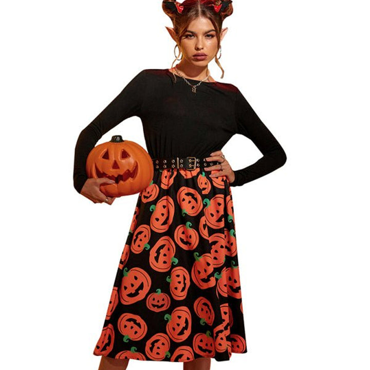 Gespenstisches Halloween Kostüm-Kleid mit Kürbisdruck | Midi