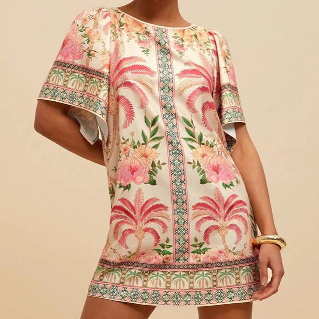 Kurzes Bedrucktes Kleid mit Rundhalsausschnitt | Mini